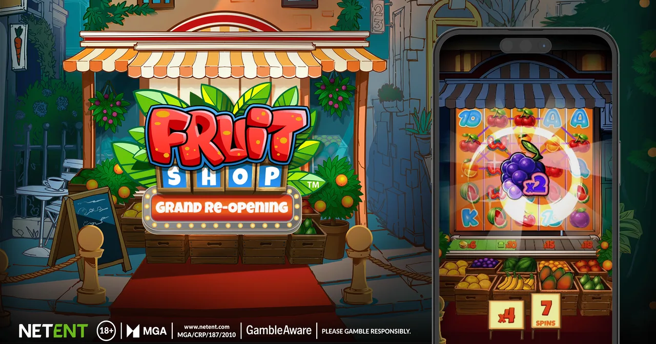 NetEnt Fruit Shop Grand Re-Opening slot banner and mobile gameplay preview