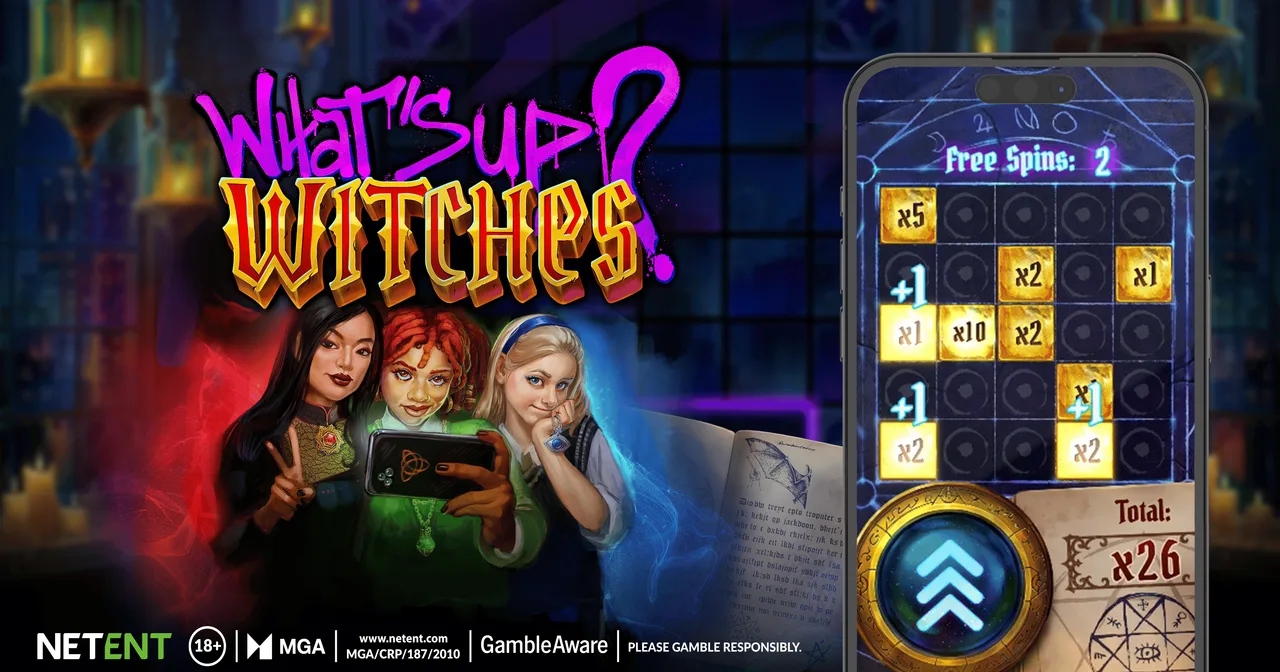 NetEnt What's Up? Witches slot release banner and 5x5 Free Spins multiplier grid